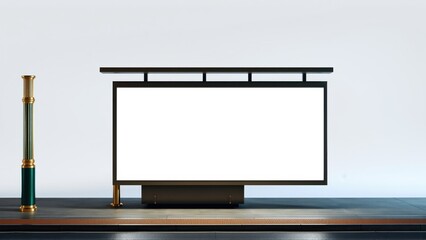Fototapeta premium Minimalist scene. Blank billboard stands on platform. Gold pillar adds subtle accent. Clean, modern presentation. Simple studio setup.
