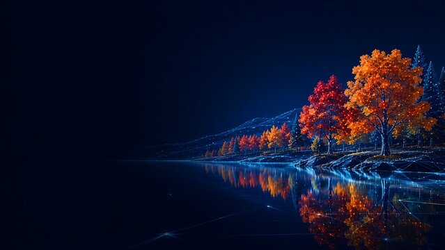 Glowing autumn trees reflecting on calm water lake surface at night. autumn fall season reflection landscape illustration colorful environment background wallpaper. autumn. fall season