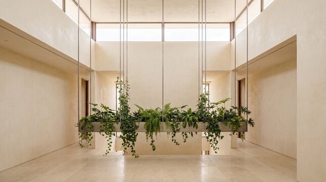 Contemporary atrium with suspended architectural ceiling garden