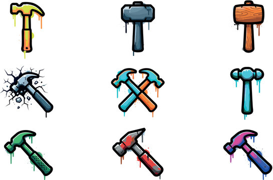 Colorful Graffiti Hammer and Mallet Icon Set with Neon Paint Drips for Construction and Repair Designs