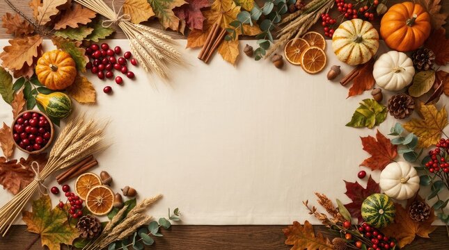 Top down flat lay of autumn elements frame with leaves and pumpkins around copy space