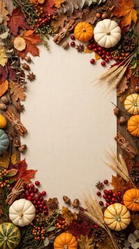 Vertical autumn flat lay border frame with leaves and white pumpkins on copy space