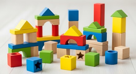 Fototapeta premium Colorful wooden building blocks stacked to form structures on floor.