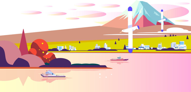 富士山と海辺の街並みを望む未来的な風景のフラットイラスト