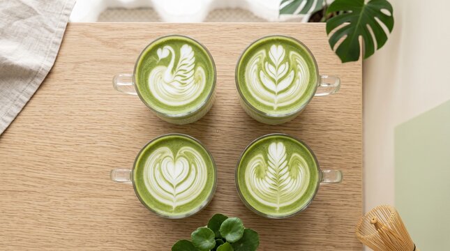 Illustration of matcha green tea latte art cups flat lay on wooden table with chasen and monstera leaf