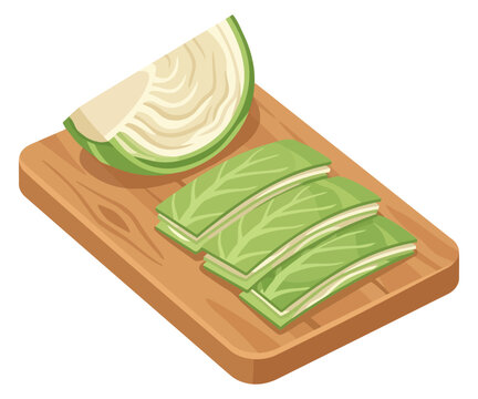Fresh green cabbage head cut into a wedge and sliced leaves arranged on a wooden cutting board, isometric vector illustration of raw vegetable preparation