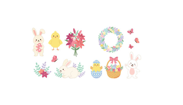 Easter holiday spring vector design elements collection cute cartoon bunny rabbits chick flower bouquet basket wreath painted eggs
