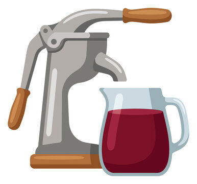 Heavy duty fruit press or wine press with a pitcher of dark red juice vector illustration