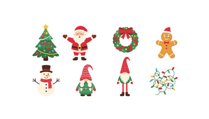 Fototapeta premium Christmas holiday sticker element set vector illustration cartoon santa claus tree snowman gingerbread wreath gnomes lights collection