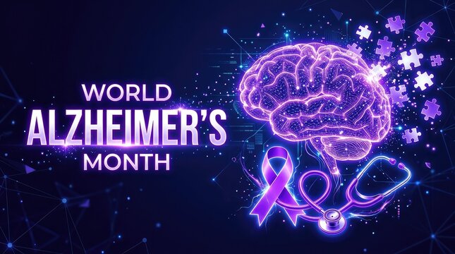 Futuristic glowing neon brain with purple ribbon for World Alzheimer's Month banner