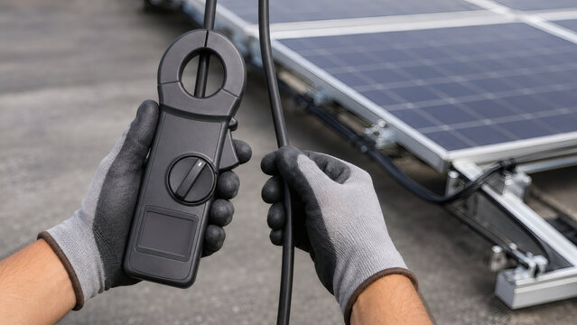 Technician Measuring Solar Cable Current with Clamp Meter