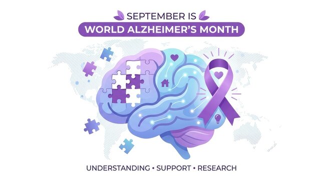 September is World Alzheimer's Month banner with brain, puzzle, hearts, and ribbon on world map