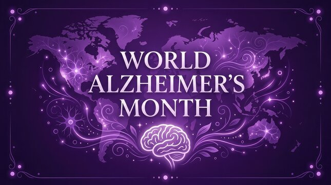 World Alzheimer's Month dark magical banner with glowing brain and sparkling ornaments on world map