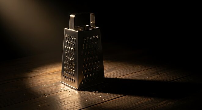 Close up of vintage metal grater on wooden table with dramatic lighting.