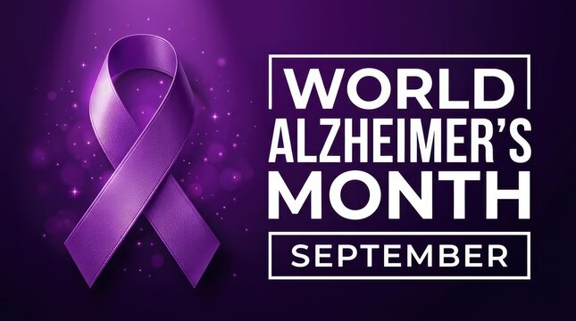 World Alzheimer's Month September dark banner with 3D realistic purple awareness ribbon