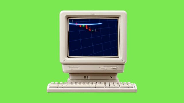 Nostalgic desktop computer from a past era, showcasing a stark financial market decline on its classic CRT monitor screen, symbolizing economic volatility and data regression