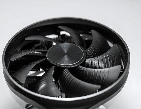 Circular black computer cooling fan top view.