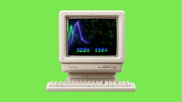 Captivating retro computer monitor displaying a vibrant digital waveform on its screen, symbolizing vintage technology and data visualization against a clean green background