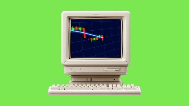 Retro desktop computer showing a falling line graph on its CRT screen, representing financial market data slump, economic crisis, or business loss, on a vibrant green background
