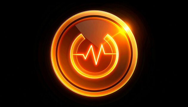 Abstract glowing orange circle with a pulsating heartbeat line inside on a dark background, representing technology and health