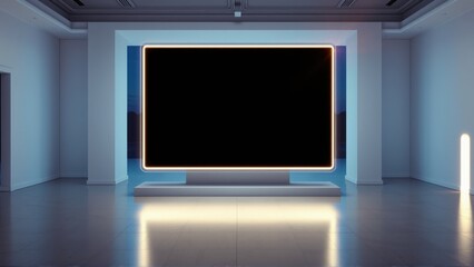 Fototapeta premium Minimalist room features large dark screen, glowing frame. Reflective floor enhances spaciousness, cool lighting dominates scene.