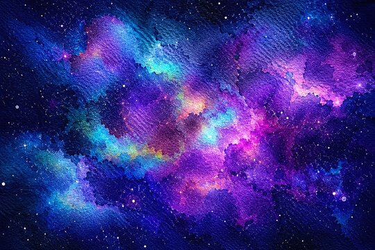 Vibrant abstract cosmic nebula background with purple and blue colors. Textured painterly galaxy with stars and stardust for science fiction, mystical themes, and celestial digital art.