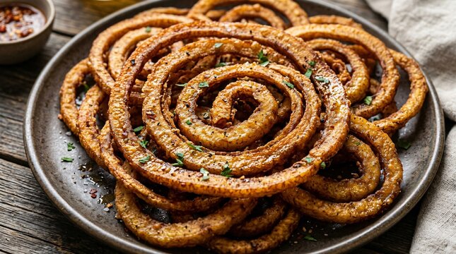 Crispy spiral chicharrones seasoned with chili and herbs on a rustic plate, celebrating authentic Latin street food and Hispanic heritage cuisine.