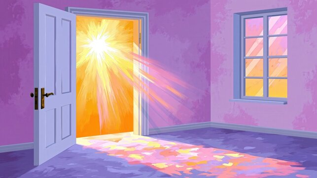 Bright sunlight streams through an open doorway into a room with purple walls.