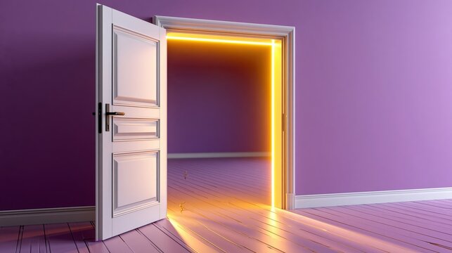 Open doorway reveals a radiant inner chamber glowing with vibrant light.