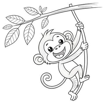 Smiling cartoon monkey hanging from a tree branch