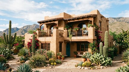 Fototapeta premium Southwestern adobe house with lush desert cactus garden, Spanish colonial architecture, rustic villa exterior under mountain backdrop.