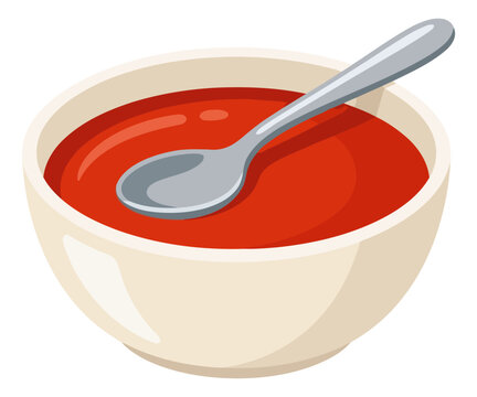 A bowl of tomato soup with a silver spoon resting inside, depicted in a clean, flat vector illustration style, perfect for foodrelated designs and culinary concepts