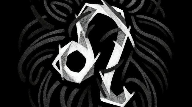 A bold, textured black-and-white illustration of the Leo zodiac sign symbol, featuring stylized lion mane patterns on a dark background.