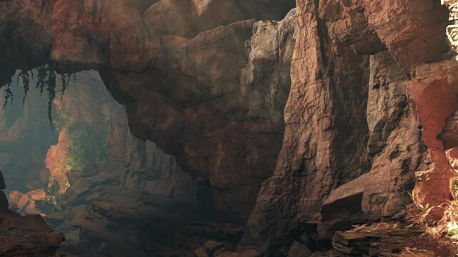 A person walks through a cave with large, rugged rocks and small plants growing nearby. The light barely touches the ground, creating shadows in the caves depth.