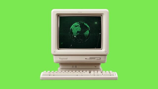 Classic desktop computer from the past featuring a glowing screen depicting global data networks and symbolizing early digital age advancements with vintage technology aesthetics