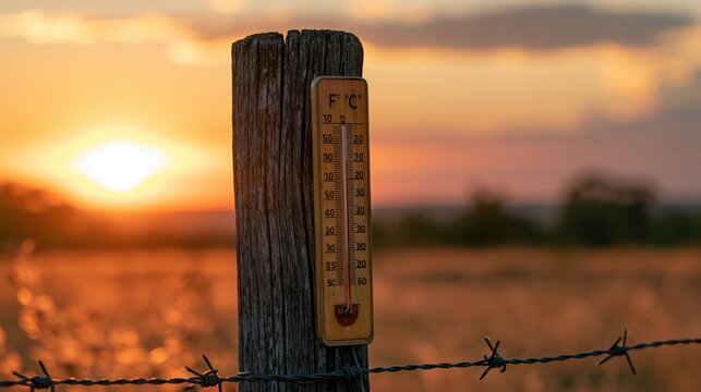 A thermometer displays high temperatures on a wooden post at sunset.