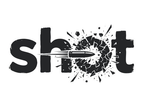 Vintage shot typography with flying bullet, monochrome grunge logo design, explosive bullet impact through text, action sports vector