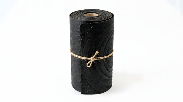 Rolled bituminous waterproofing membrane sheet secured with natural twine on white.
