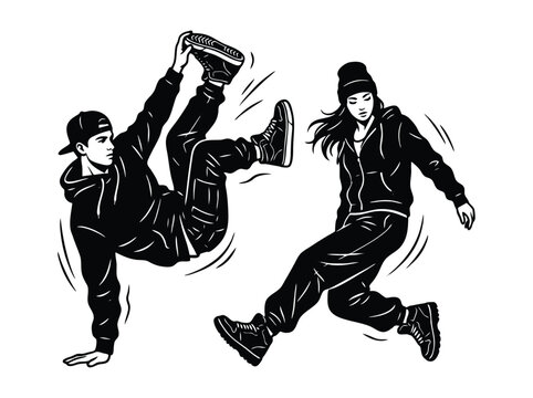 Urban breakdance vector illustration, hip hop street dancers in black and white, dynamic breakdancing silhouettes for apparel design
