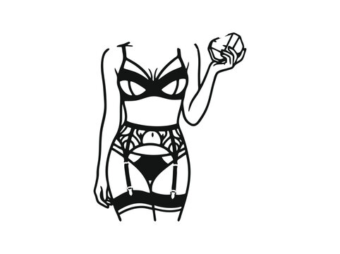 Minimalist lingerie line art, sexy woman in lace garter belt and bra vector, elegant female body silhouette illustration