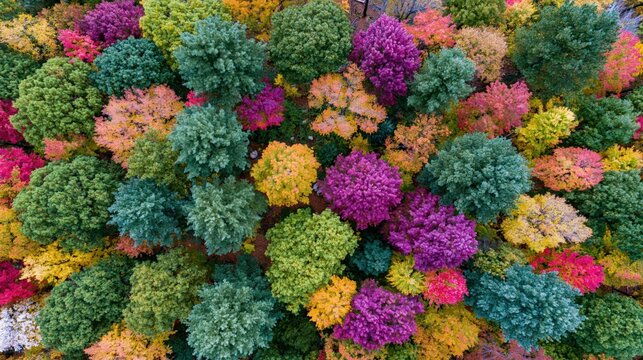 Dense forest canopy displays a vibrant mosaic of autumn foliage colors.
