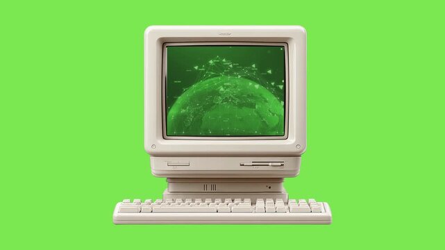 Vintage desktop computer showcasing a dynamic abstract digital life simulation on its glowing green screen, merging the charm of retro technology with evolving biological concepts