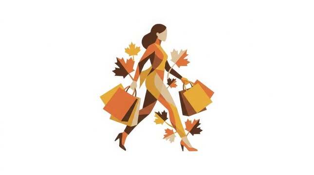 Holiday - Woman shopping with autumn leaves graphic illustration