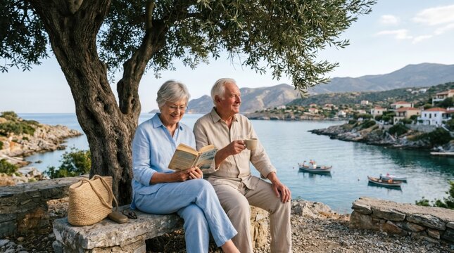 Senior couple sitting on stone bench under olive tree, man reading book, woman holding cup, overlooking Amalfi coast village and turquoise sea.