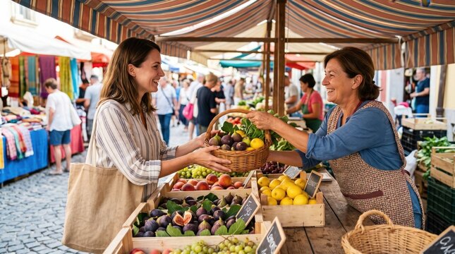 Female customer buying fresh figs and lemons from vendor at Amalfi coast outdoor market with wooden crates and striped awning.