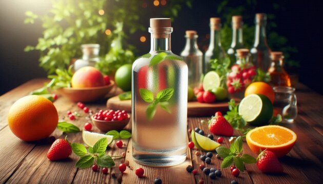 Still life with fruits and vegetables, bottle concept mockup template illustration