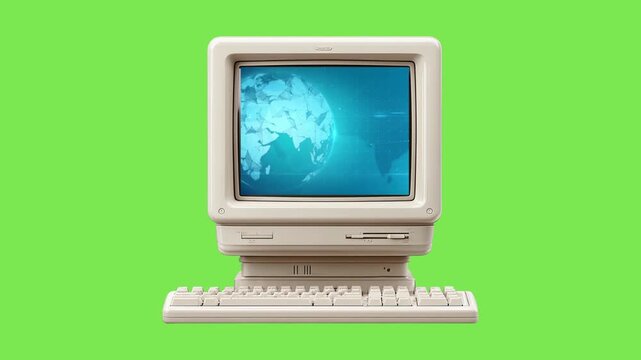 Classic desktop computer featuring a vintage monitor displaying a world map, symbolizing retro technology, global information concepts, and digital communication on a chroma key background