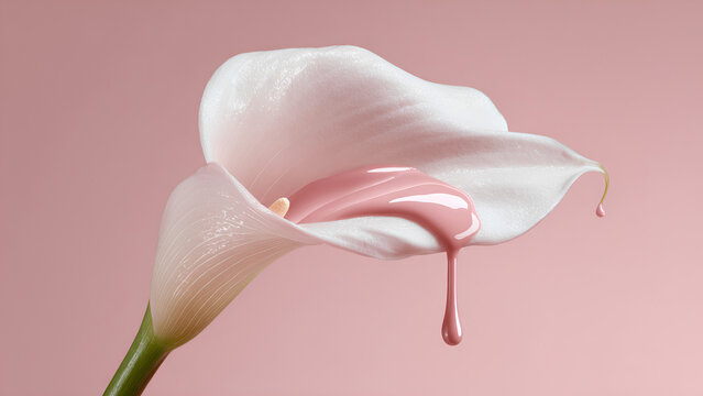 A hyperrealistic photograph of a single white calla lily flower, positioned slightly off-center. A thick glossy pink lip gloss liquid drips slowly from above onto  the flower petal