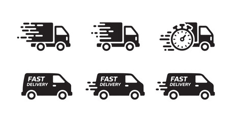 Obraz premium fast delivery truck van icons set speeding freight transport express shipping service.