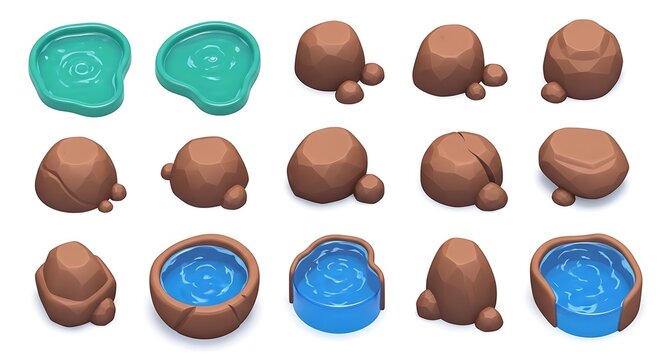Set of cartoon stones and water pools for game environment design